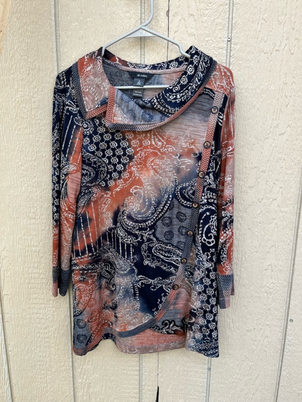 Ali Miles Patterned Blouse Cowl Neck Asymmetrical Buttons Artsy Medium